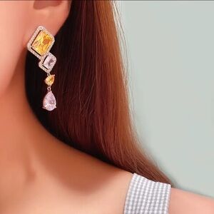💛 Unique Geometric Canary yellow and white Cz Diamond drop dangle earrings